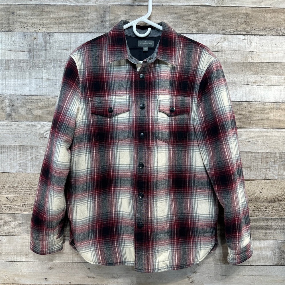 LL Bean Signature Archive Mens Shirt Jacket Red Black‎ Flannel Plaid Quilted M